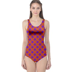 Purple Stars Pattern On Orange One Piece Swimsuit by BrightVibesDesign