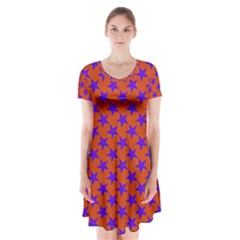 Purple Stars Pattern On Orange Short Sleeve V-neck Flare Dress by BrightVibesDesign