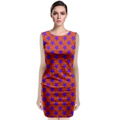 Purple Stars Pattern On Orange Classic Sleeveless Midi Dress by BrightVibesDesign