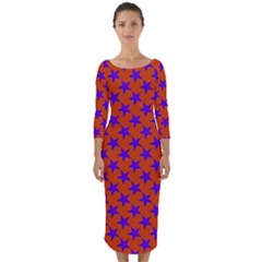 Purple Stars Pattern On Orange Quarter Sleeve Midi Bodycon Dress by BrightVibesDesign