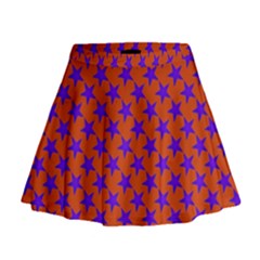 Purple Stars Pattern On Orange Mini Flare Skirt by BrightVibesDesign