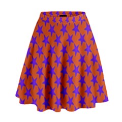 Purple Stars Pattern On Orange High Waist Skirt by BrightVibesDesign