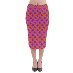 Purple Stars Pattern On Orange Velvet Midi Pencil Skirt by BrightVibesDesign