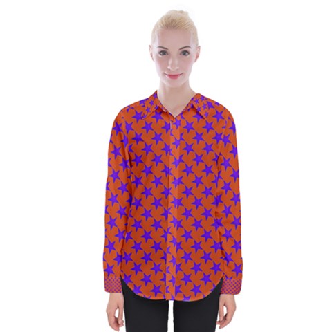 Purple Stars Pattern On Orange Womens Long Sleeve Shirt by BrightVibesDesign