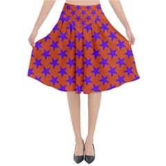 Purple Stars Pattern On Orange Flared Midi Skirt by BrightVibesDesign