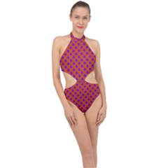 Purple Stars Pattern On Orange Halter Side Cut Swimsuit