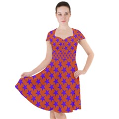 Purple Stars Pattern On Orange Cap Sleeve Midi Dress