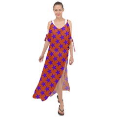 Purple Stars Pattern On Orange Maxi Chiffon Cover Up Dress