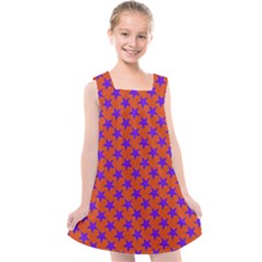 Purple Stars Pattern On Orange Kids  Cross Back Dress