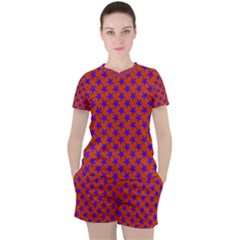 Purple Stars Pattern On Orange Women s Tee And Shorts Set