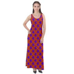 Purple Stars Pattern On Orange Sleeveless Velour Maxi Dress by BrightVibesDesign