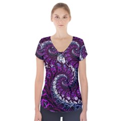 Fractal Background Swirl Art Skull Short Sleeve Front Detail Top by Pakrebo