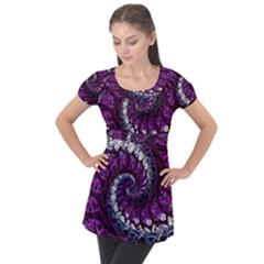 Fractal Background Swirl Art Skull Puff Sleeve Tunic Top by Pakrebo