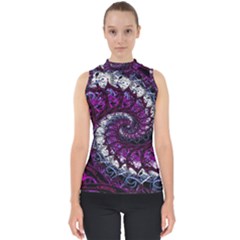 Fractal Background Swirl Art Skull Mock Neck Shell Top by Pakrebo