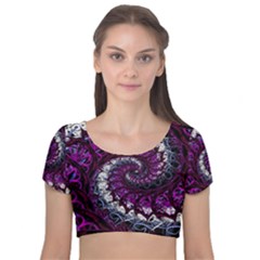 Fractal Background Swirl Art Skull Velvet Short Sleeve Crop Top  by Pakrebo