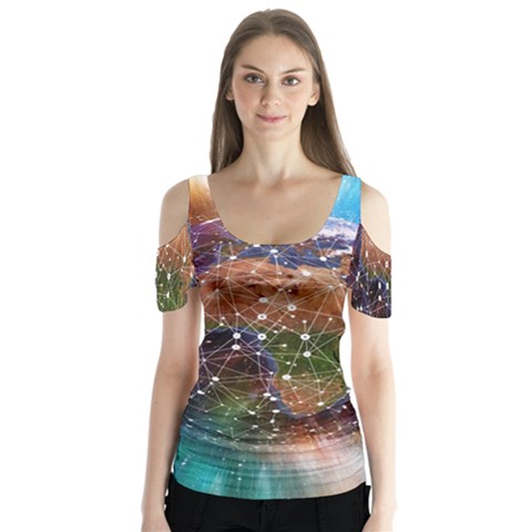 Network Earth Block Chain Globe Butterfly Sleeve Cutout Tee  by Pakrebo