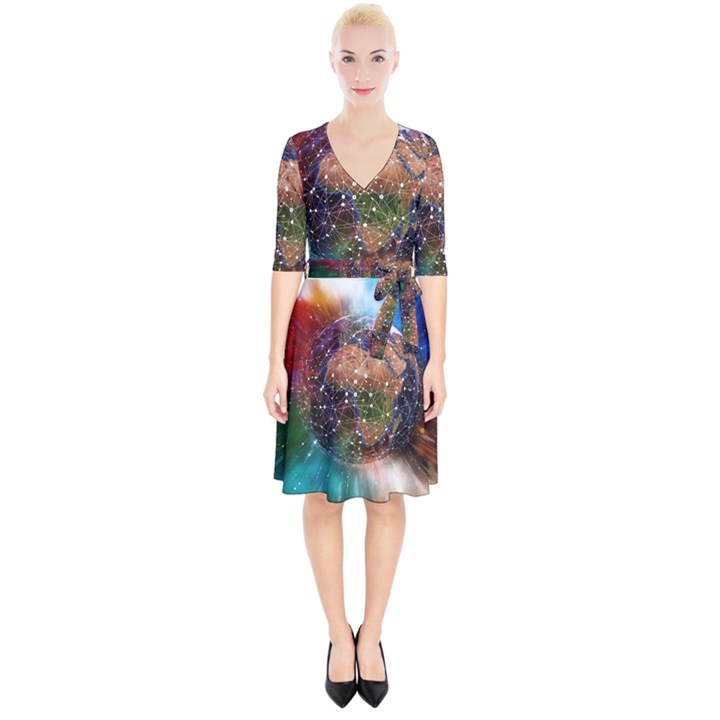 Network Earth Block Chain Globe Wrap Up Cocktail Dress