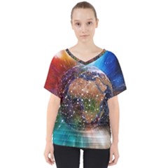 Network Earth Block Chain Globe V-neck Dolman Drape Top by Pakrebo