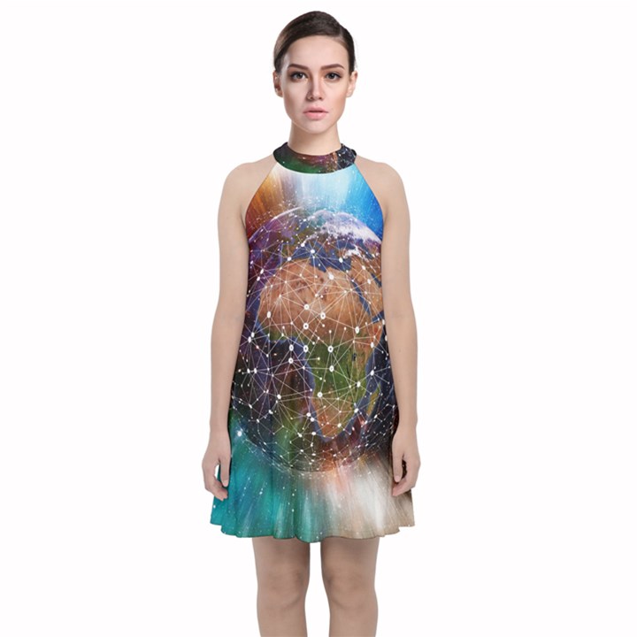 Network Earth Block Chain Globe Velvet Halter Neckline Dress 