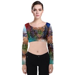 Network Earth Block Chain Globe Velvet Long Sleeve Crop Top by Pakrebo