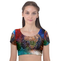 Network Earth Block Chain Globe Velvet Short Sleeve Crop Top  by Pakrebo