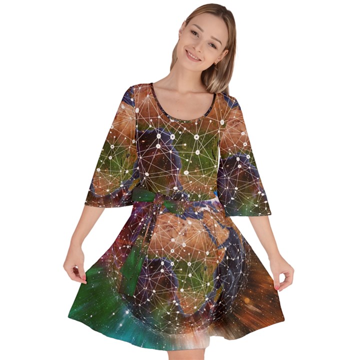 Network Earth Block Chain Globe Velour Kimono Dress