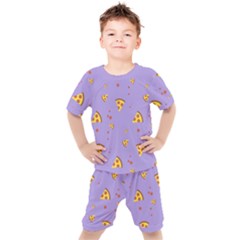 Pizza Pattern Violet Pepperoni Cheese Funny Slices Kids  Tee And Shorts Set