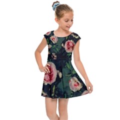 Pink Roses On Dark Green Watercolour Kids  Cap Sleeve Dress by NaturalDesign