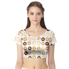 Donuts Pattern With Bites Bright Pastel Blue And Brown Cropped Sweatshirt Short Sleeve Crop Top by genx