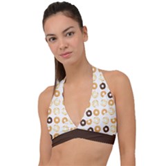 Donuts Pattern With Bites Bright Pastel Blue And Brown Cropped Sweatshirt Halter Plunge Bikini Top by genx