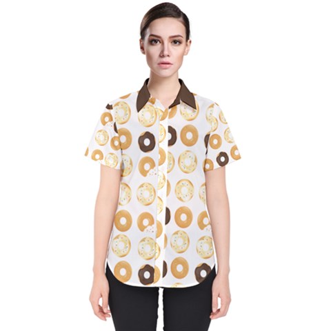 Donuts Pattern With Bites Bright Pastel Blue And Brown Cropped Sweatshirt Women s Short Sleeve Shirt by genx