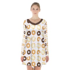 Donuts Pattern With Bites Bright Pastel Blue And Brown Cropped Sweatshirt Long Sleeve Velvet V-neck Dress by genx