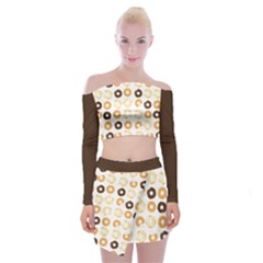 Donuts Pattern With Bites Bright Pastel Blue And Brown Cropped Sweatshirt Off Shoulder Top With Mini Skirt Set by genx