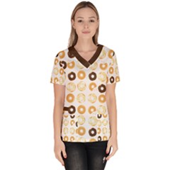 Donuts Pattern With Bites Bright Pastel Blue And Brown Cropped Sweatshirt Women s V-neck Scrub Top by genx