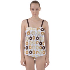 Donuts Pattern With Bites Bright Pastel Blue And Brown Cropped Sweatshirt Twist Front Tankini Set by genx