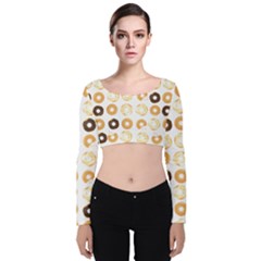 Donuts Pattern With Bites Bright Pastel Blue And Brown Cropped Sweatshirt Velvet Long Sleeve Crop Top by genx