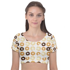 Donuts Pattern With Bites Bright Pastel Blue And Brown Cropped Sweatshirt Velvet Short Sleeve Crop Top  by genx