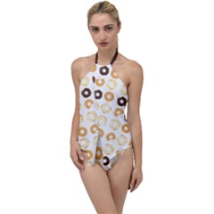 Donuts Pattern With Bites Bright Pastel Blue And Brown Cropped Sweatshirt Go With The Flow One Piece Swimsuit by genx