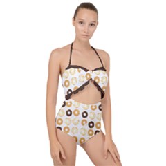 Donuts Pattern With Bites Bright Pastel Blue And Brown Cropped Sweatshirt Scallop Top Cut Out Swimsuit by genx