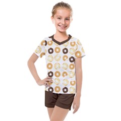 Donuts Pattern With Bites Bright Pastel Blue And Brown Cropped Sweatshirt Kids  Mesh Tee And Shorts Set