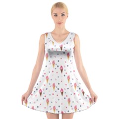 Ice Cream Cones Watercolor With Fruit Berries And Cherries Summer Pattern V-neck Sleeveless Dress by genx