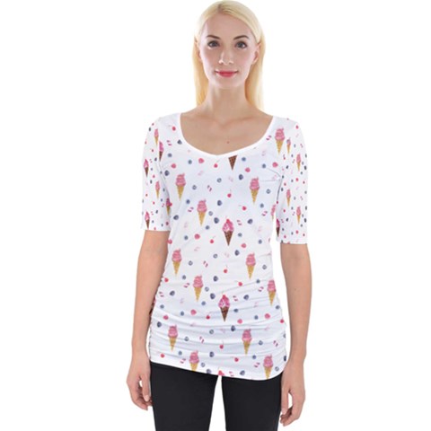 Ice Cream Cones Watercolor With Fruit Berries And Cherries Summer Pattern Wide Neckline Tee by genx