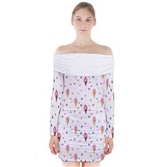 Ice Cream Cones Watercolor With Fruit Berries And Cherries Summer Pattern Long Sleeve Off Shoulder Dress