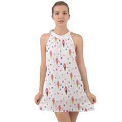 Ice Cream Cones Watercolor With Fruit Berries And Cherries Summer Pattern Halter Tie Back Chiffon Dress by genx