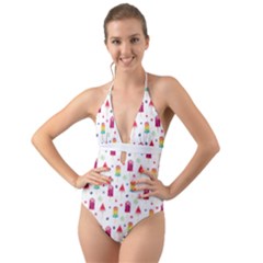 Popsicle Juice Watercolor With Fruit Berries And Cherries Summer Pattern Halter Cut-out One Piece Swimsuit by genx