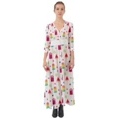 Popsicle Juice Watercolor With Fruit Berries And Cherries Summer Pattern Button Up Boho Maxi Dress by genx