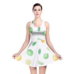 Lemon And Limes Yellow Green Watercolor Fruits With Citrus Leaves Pattern Reversible Skater Dress by genx