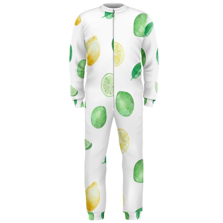 Lemon and limes yellow green watercolor fruits with citrus leaves Pattern OnePiece Jumpsuit (Men) 