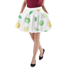 Lemon And Limes Yellow Green Watercolor Fruits With Citrus Leaves Pattern A-line Pocket Skirt by genx