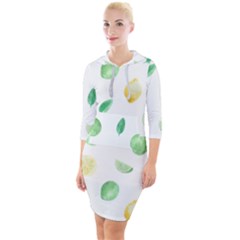 Lemon And Limes Yellow Green Watercolor Fruits With Citrus Leaves Pattern Quarter Sleeve Hood Bodycon Dress by genx